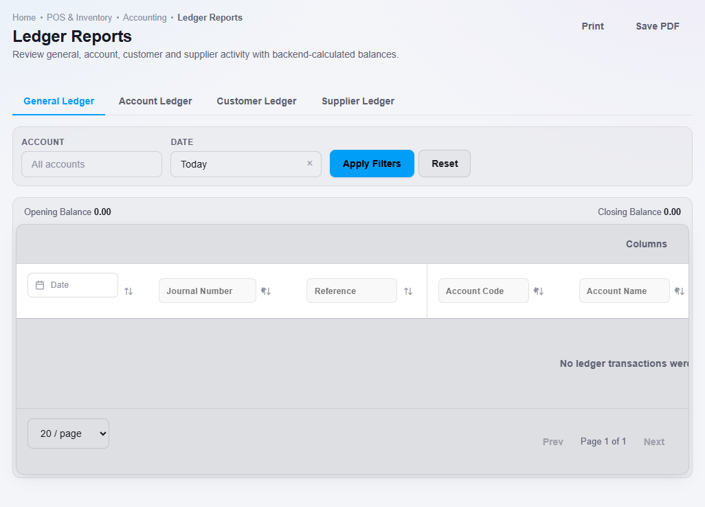 The Ledger Reports page