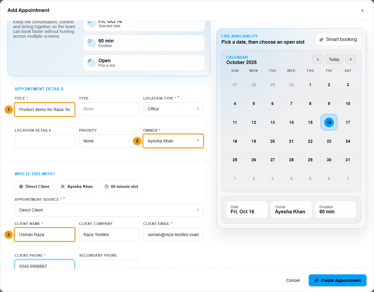 The Add Appointment window