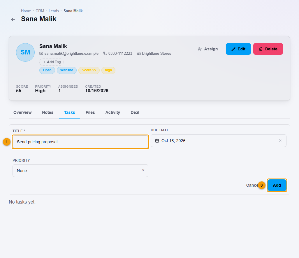 The Add Task form on a lead