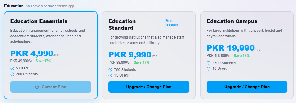 The Education packages on Browse Plan