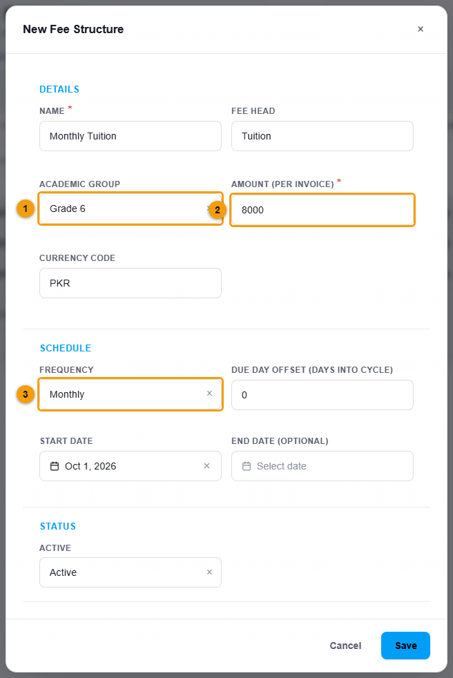 The New Fee Structure window
