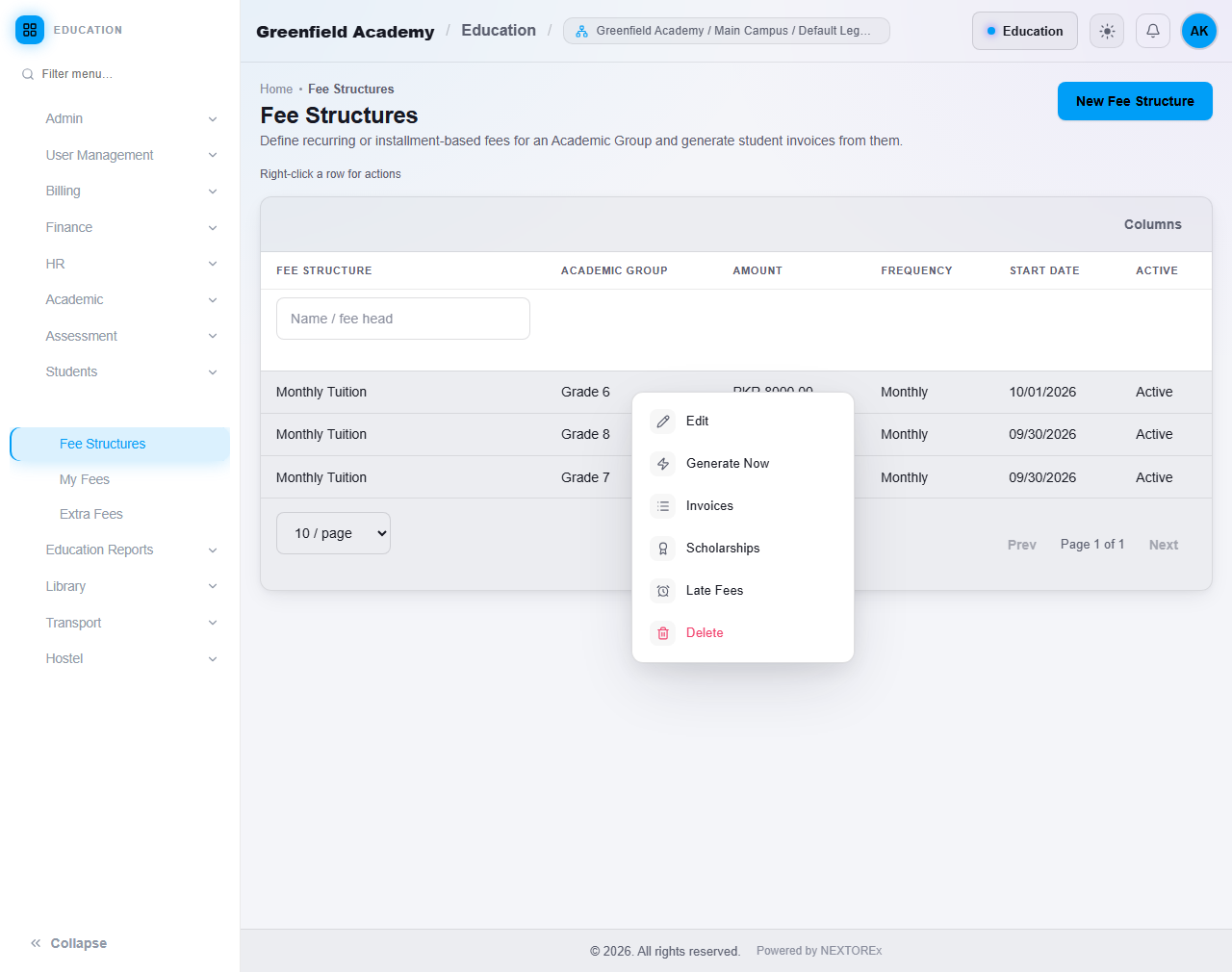 Fee Structure actions