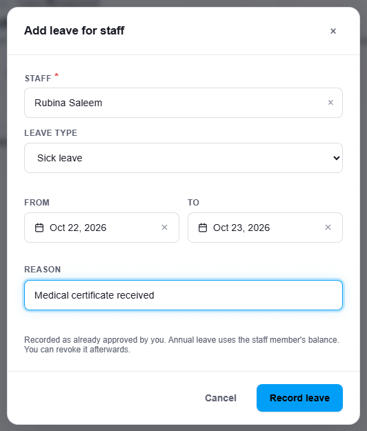 Add leave for staff