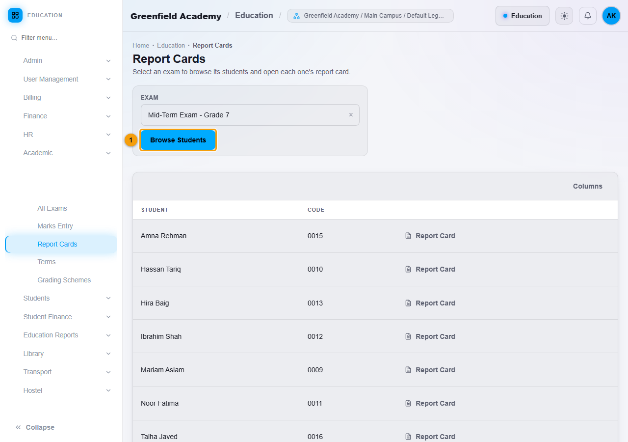 Browse report cards