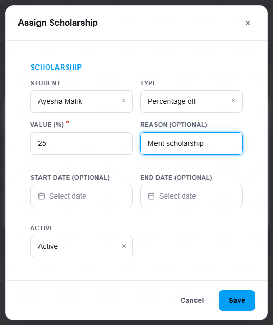 Assign a scholarship
