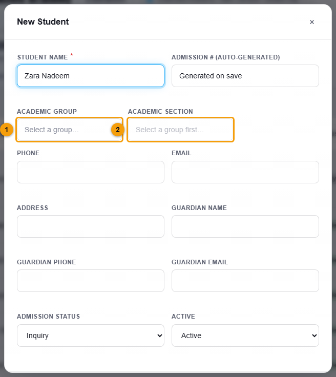 Section is disabled until a Group is chosen