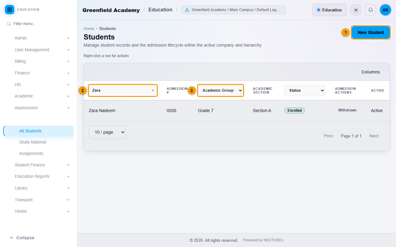 The Students list
