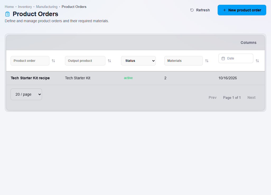 The Product Orders list