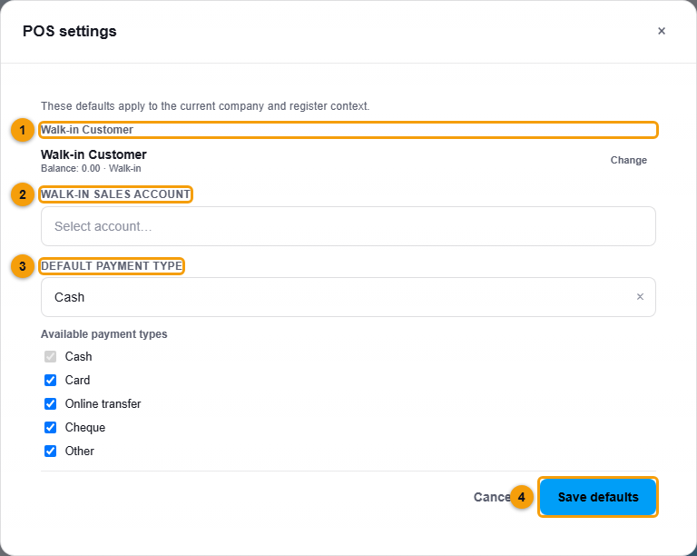 The POS settings window