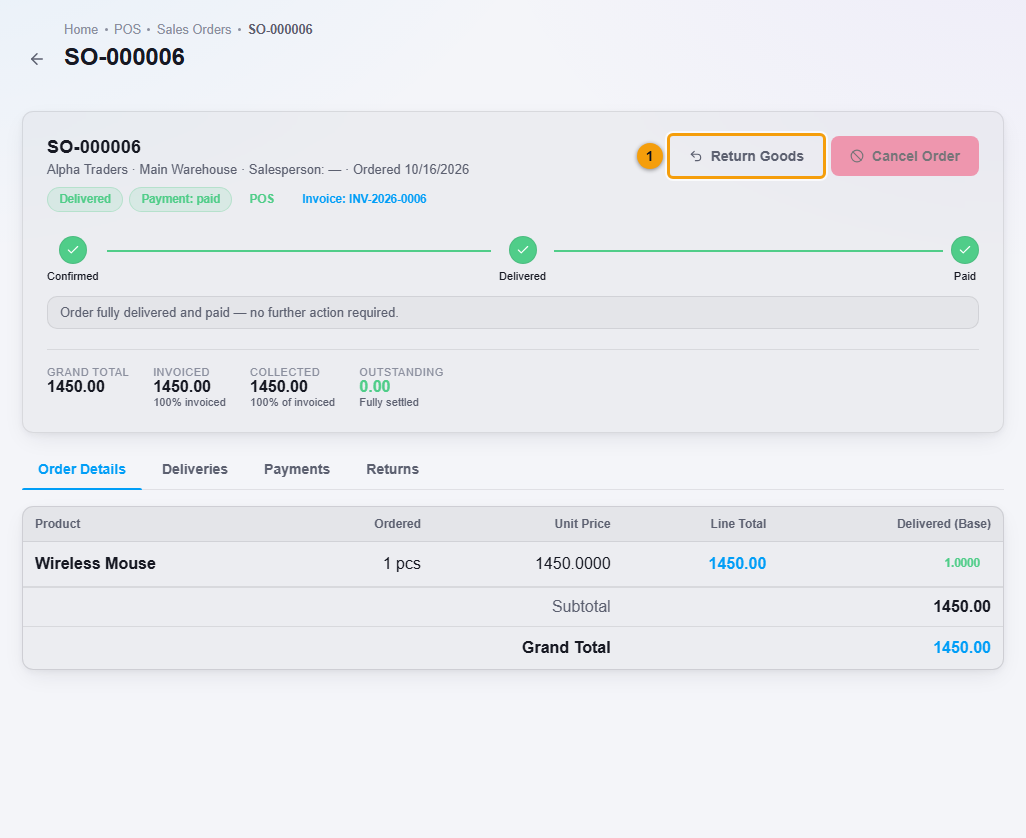 A sales order with the Return Goods button