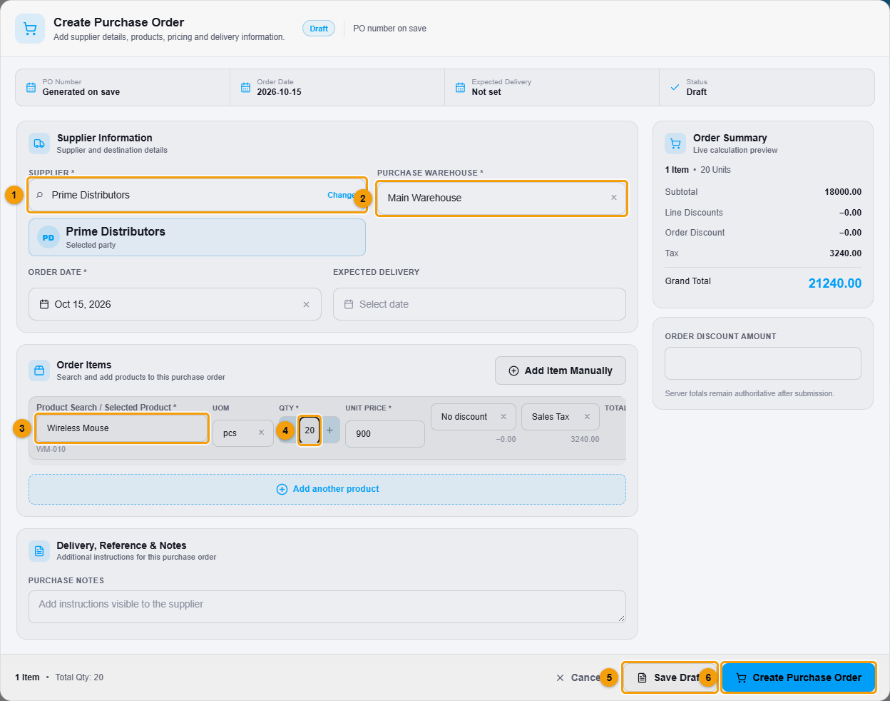 The Create Purchase Order window