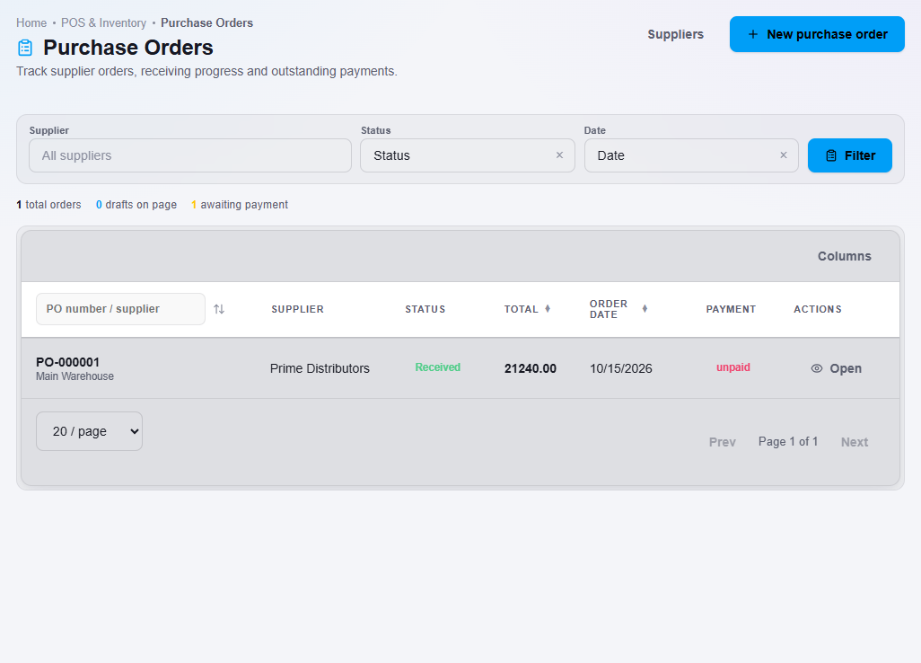The purchase order list