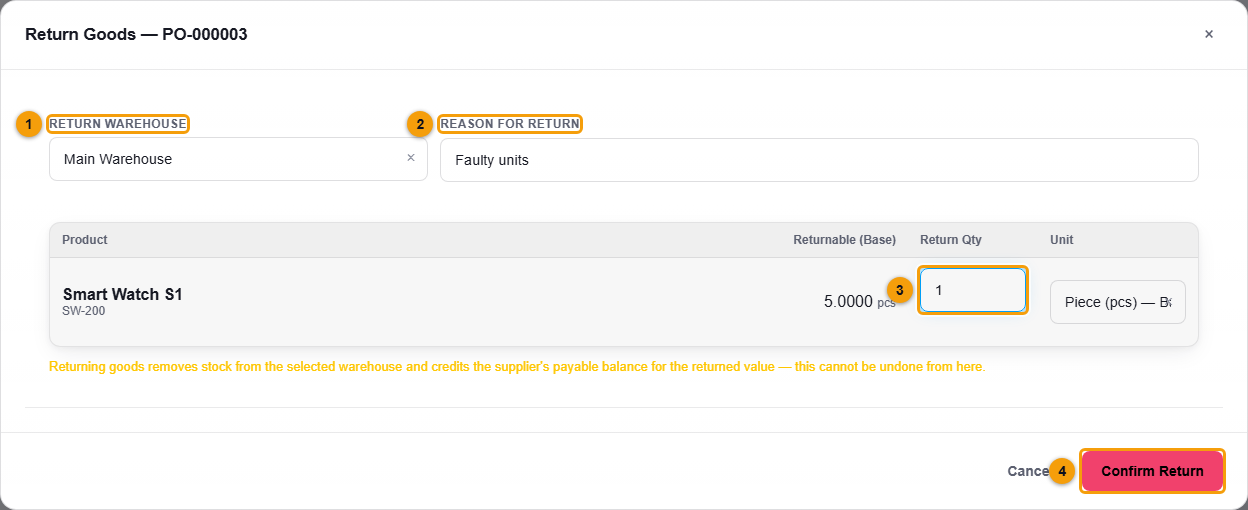 The Return Goods window for a purchase order
