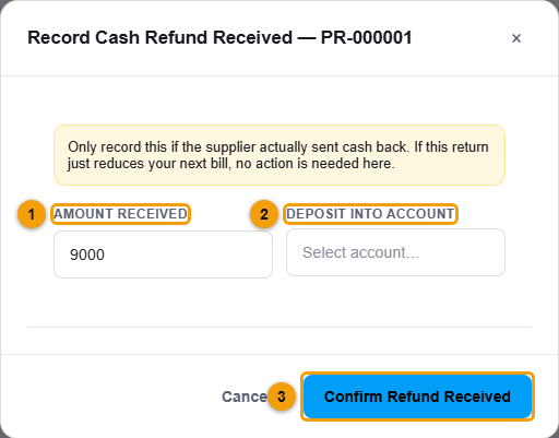 Record Cash Refund Received