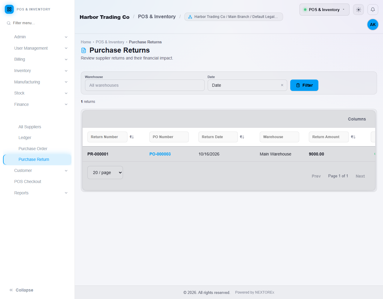 The Purchase Returns list
