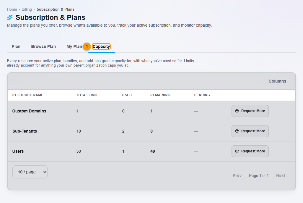 The Capacity tab of an Agency account